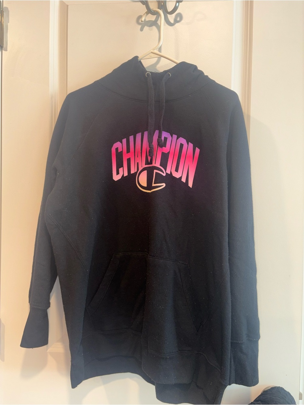 Champion women's Black Hoodie with Pink Ombre Logo